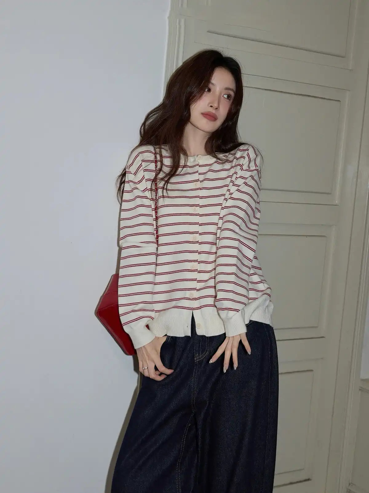 レッドボーダーニットカーディガン   OL1880