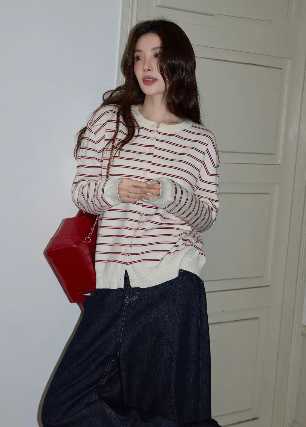 レッドボーダーニットカーディガン   OL1880