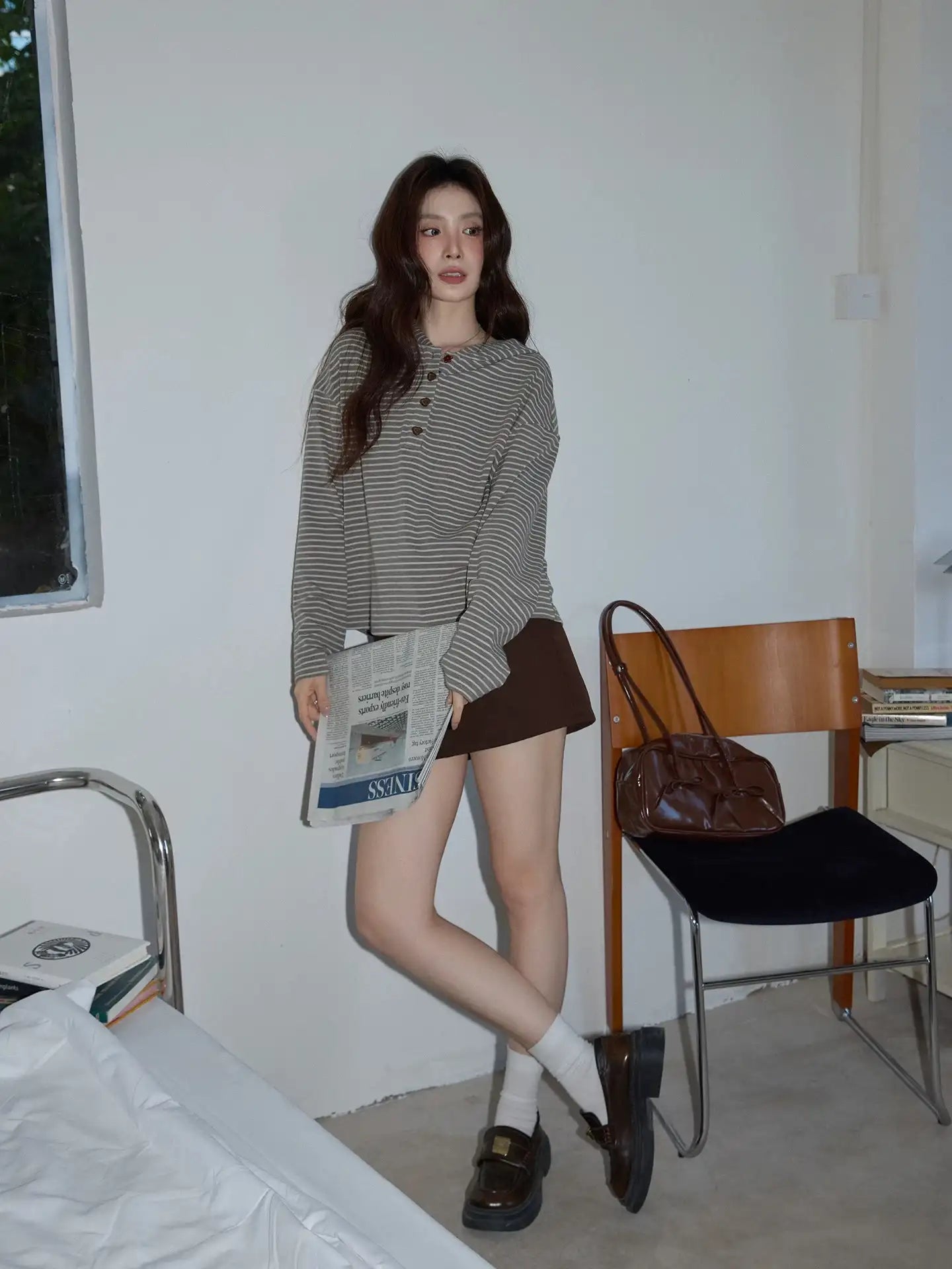 グレーピンクボーダーフーディ   OL1881