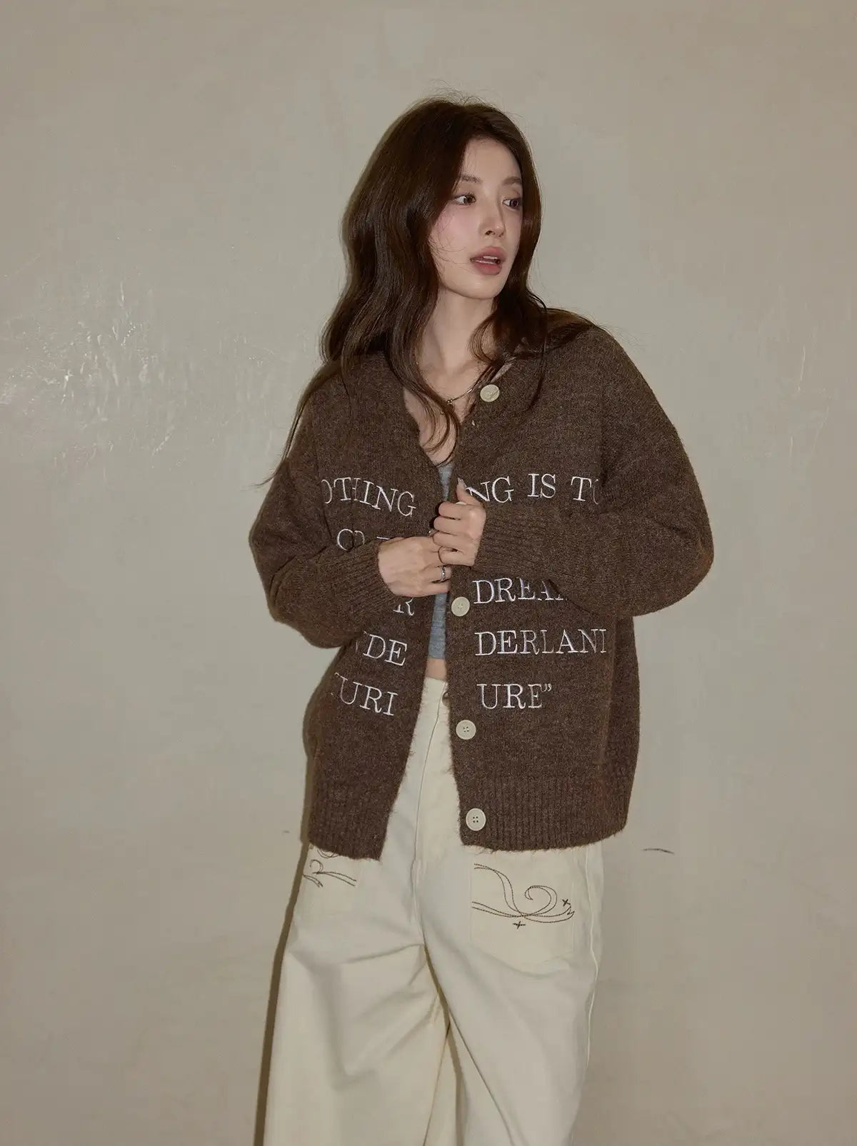 ブラウン英字ニットトップス   OL1882