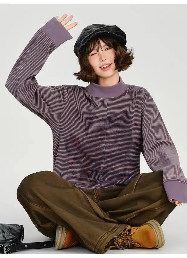 Vintage-Style Printed High-Neck Long Tee    OL1883