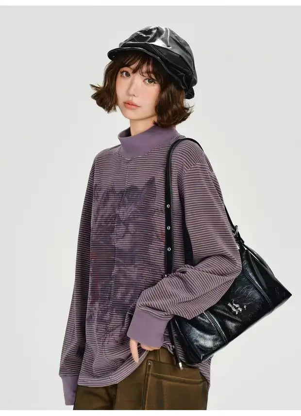 Vintage-Style Printed High-Neck Long Tee    OL1883