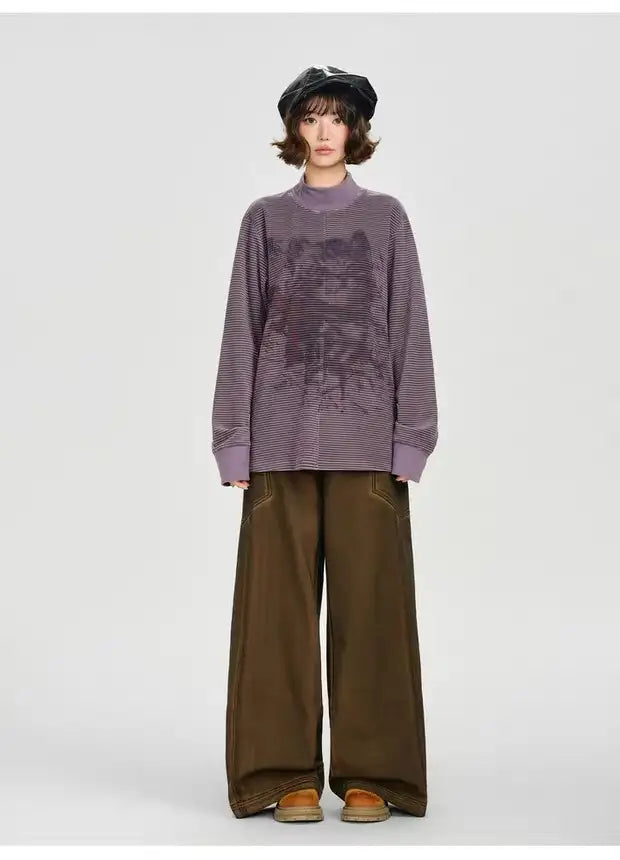 Vintage-Style Printed High-Neck Long Tee    OL1883