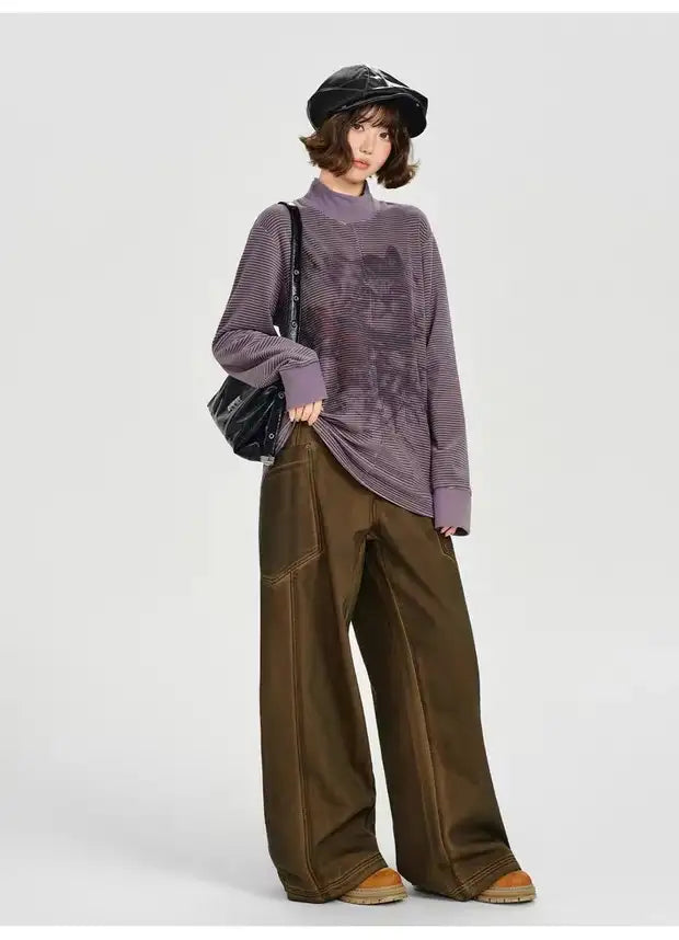 Vintage-Style Printed High-Neck Long Tee    OL1883