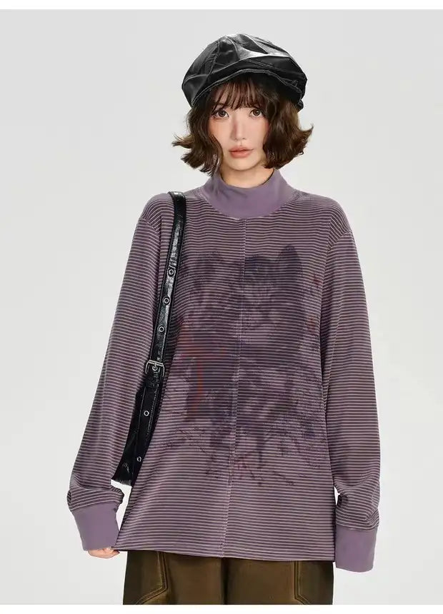 Vintage-Style Printed High-Neck Long Tee    OL1883