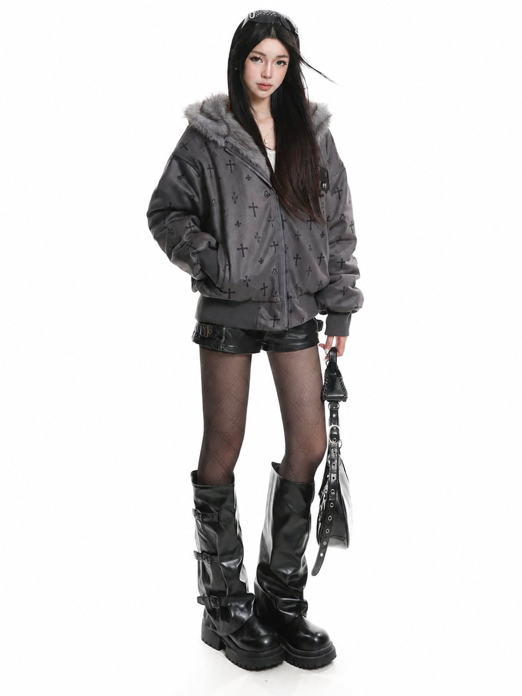 Bear Ear Cross Print Puffer Jacket OL2448 oliviroa オリヴィオラ