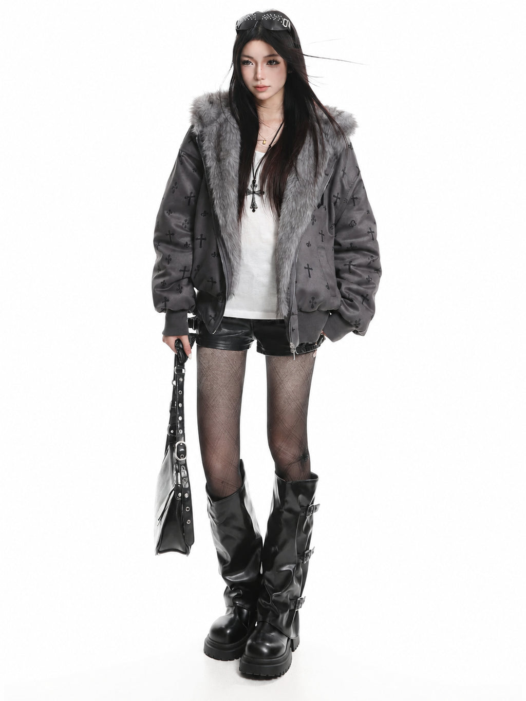 Bear Ear Cross Print Puffer Jacket OL2448 oliviroa オリヴィオラ