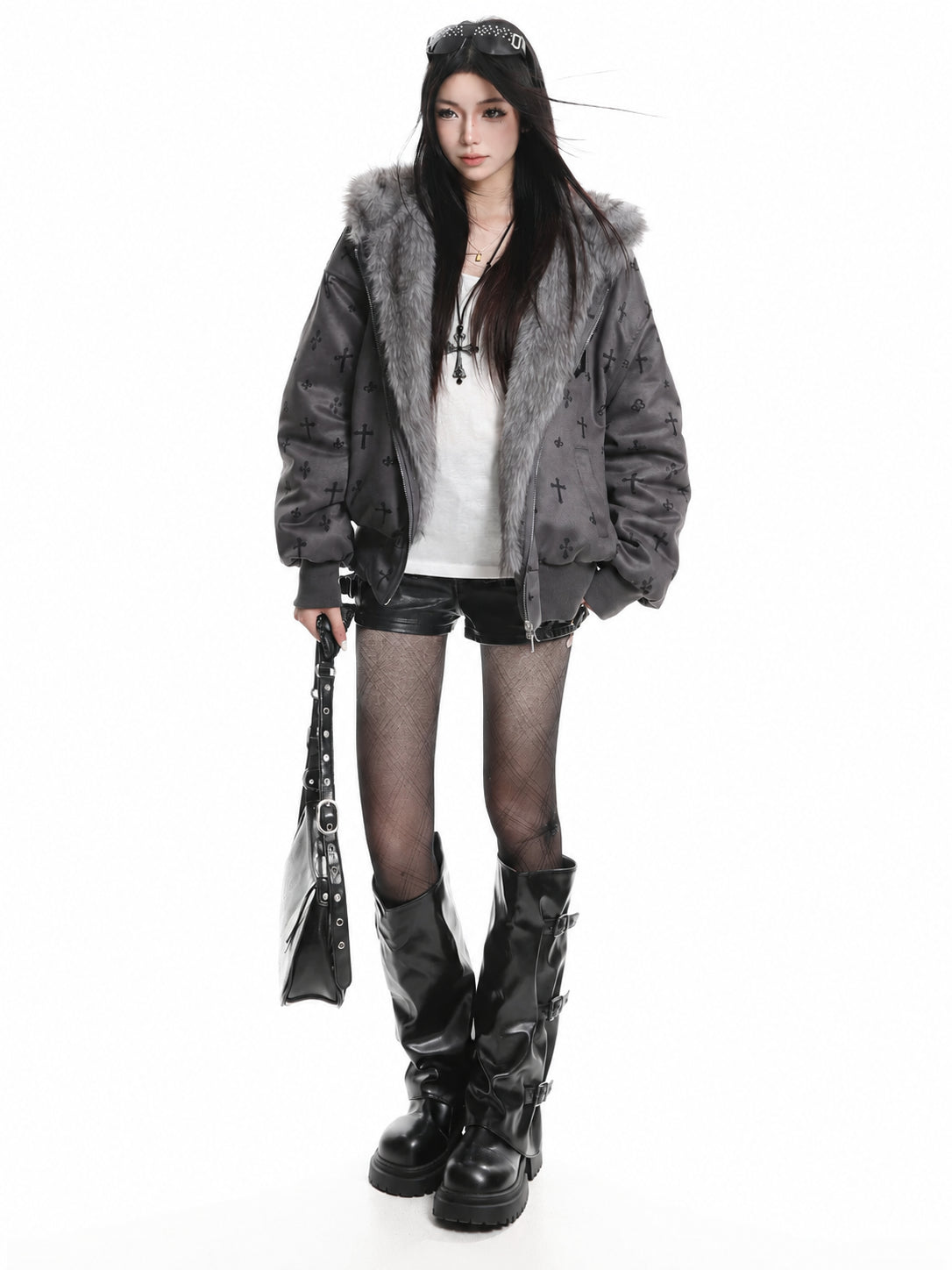 Bear Ear Cross Print Puffer Jacket OL2448 oliviroa オリヴィオラ