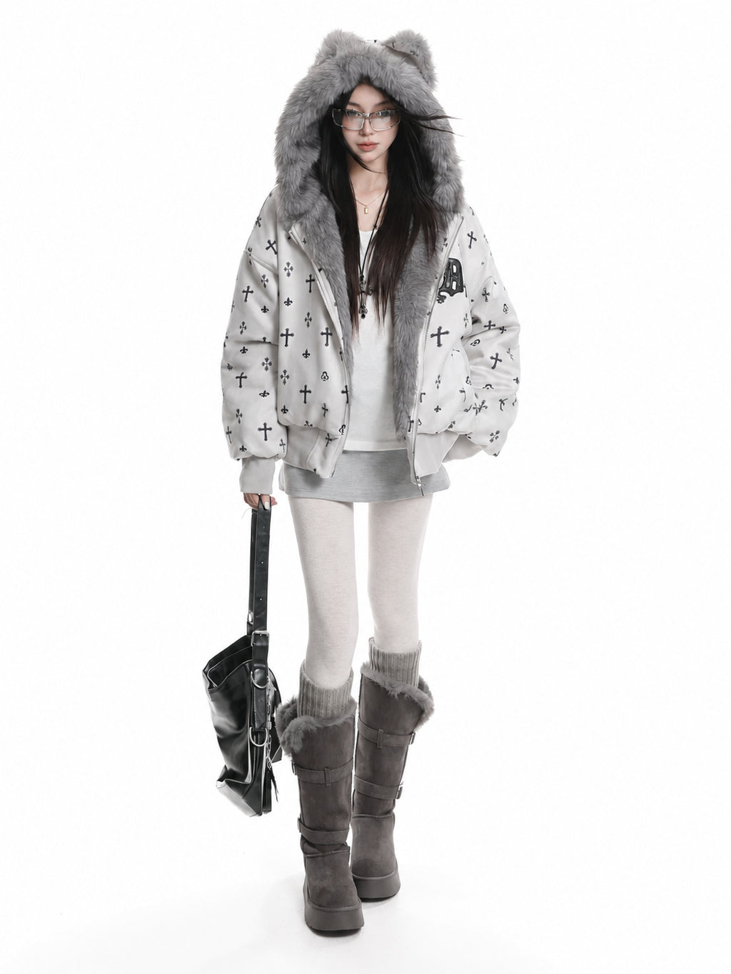 Bear Ear Cross Print Puffer Jacket OL2448 oliviroa オリヴィオラ