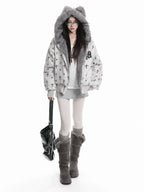 Bear Ear Cross Print Puffer Jacket OL2448 oliviroa オリヴィオラ