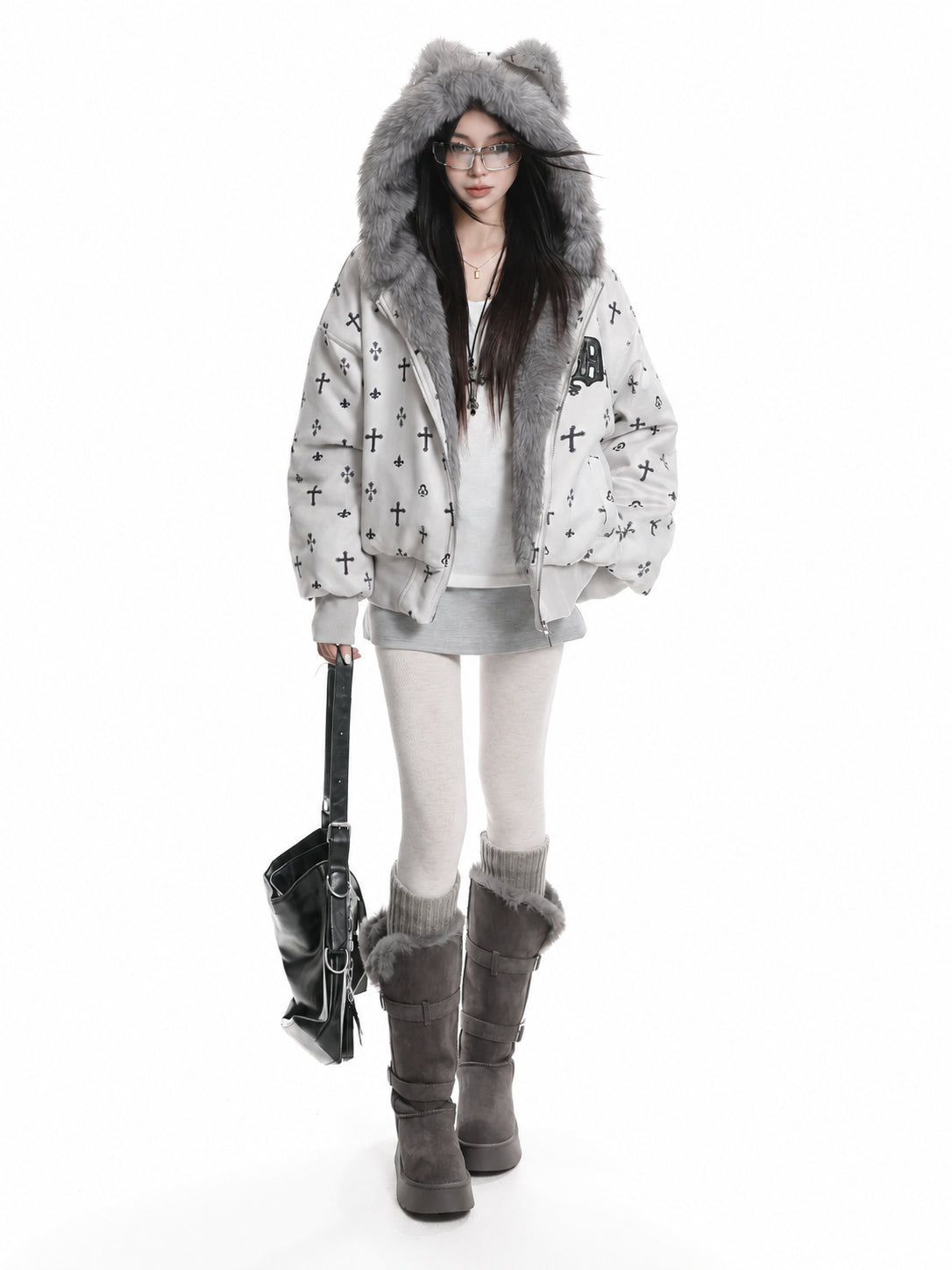 Bear Ear Cross Print Puffer Jacket OL2448 oliviroa オリヴィオラ