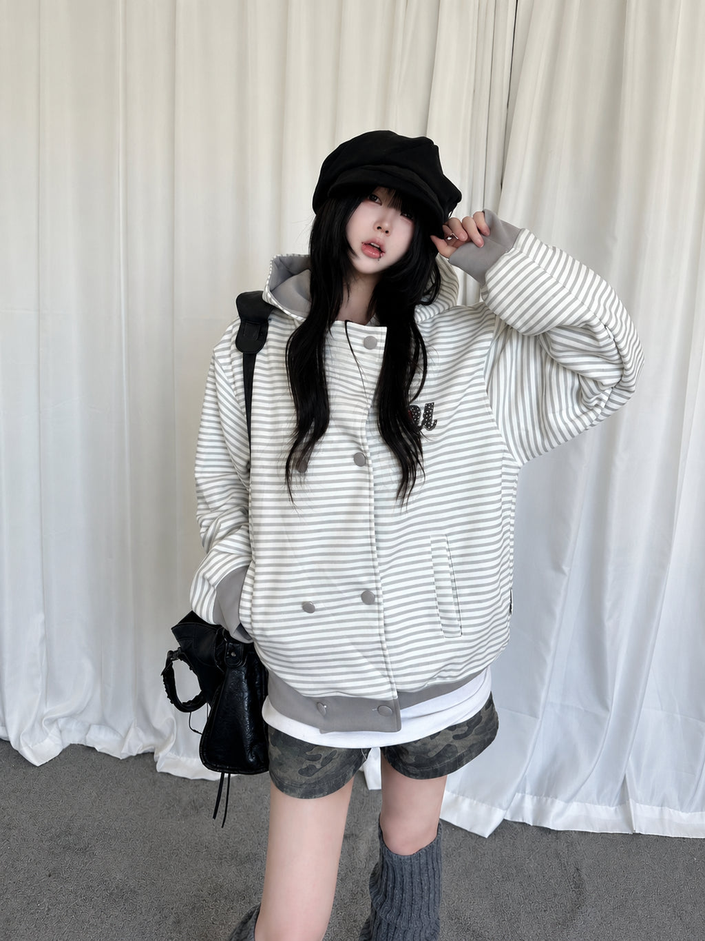 Double Breasted Stripe Hooded Cardigan OL2449 oliviroa オリヴィオラ