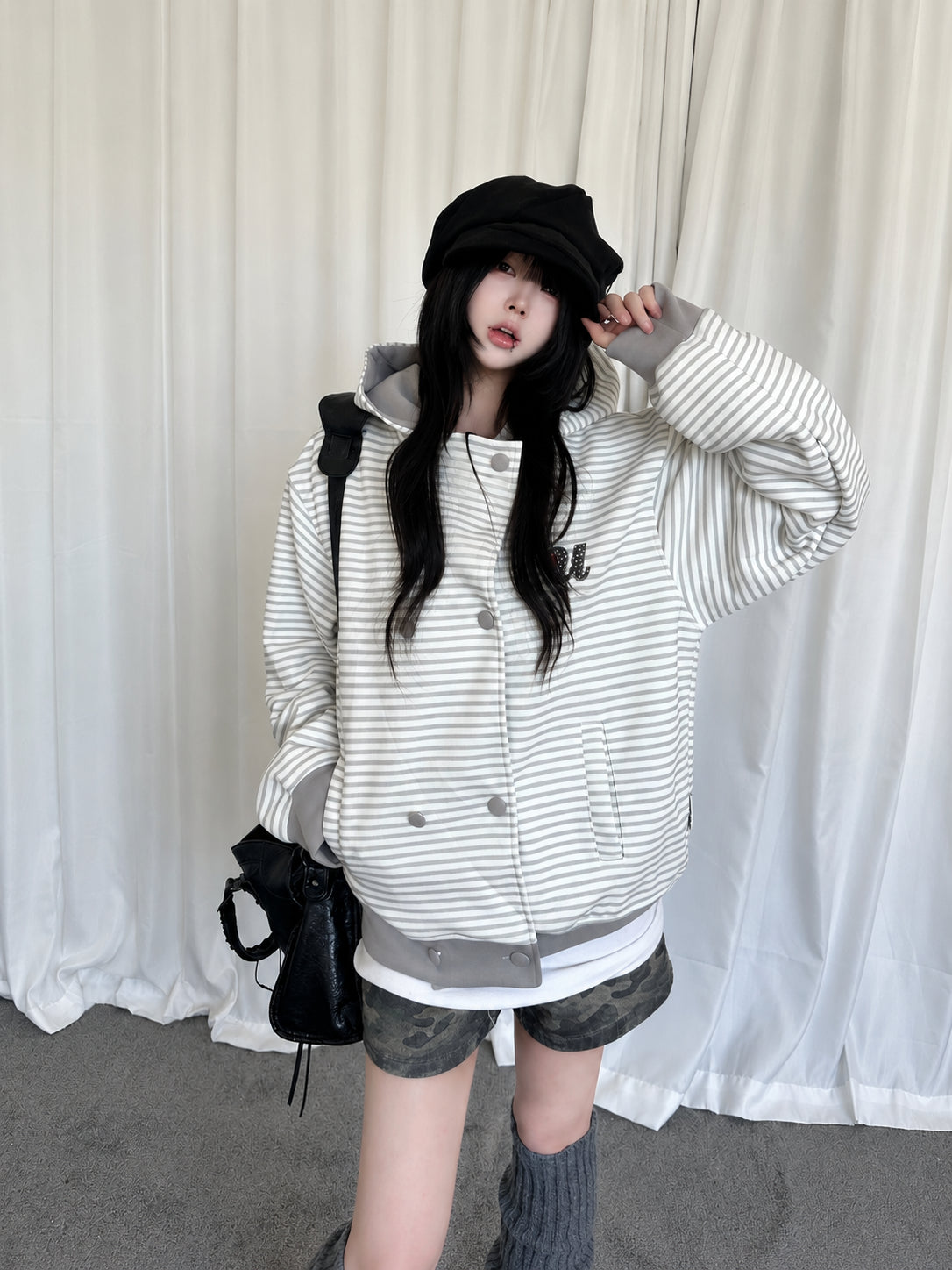 Double Breasted Stripe Hooded Cardigan OL2449 oliviroa オリヴィオラ