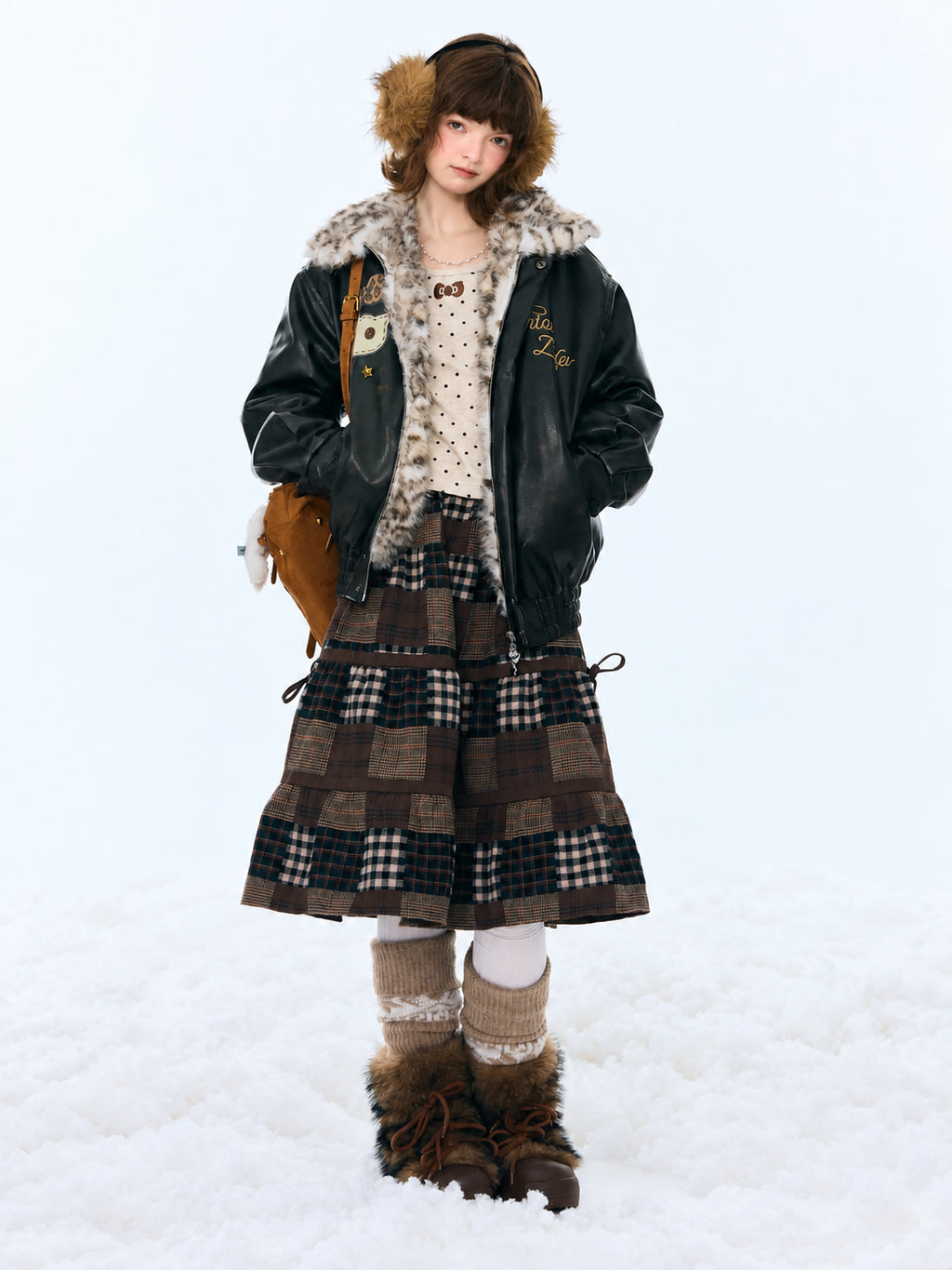 Cat Patch Fur Collar Faux Leather Jacket OL2456 oliviroa オリヴィオラ