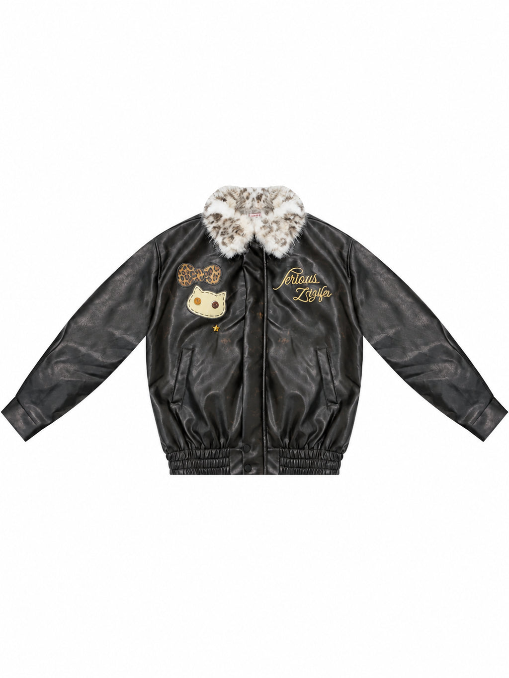 Cat Patch Fur Collar Faux Leather Jacket OL2456 oliviroa オリヴィオラ