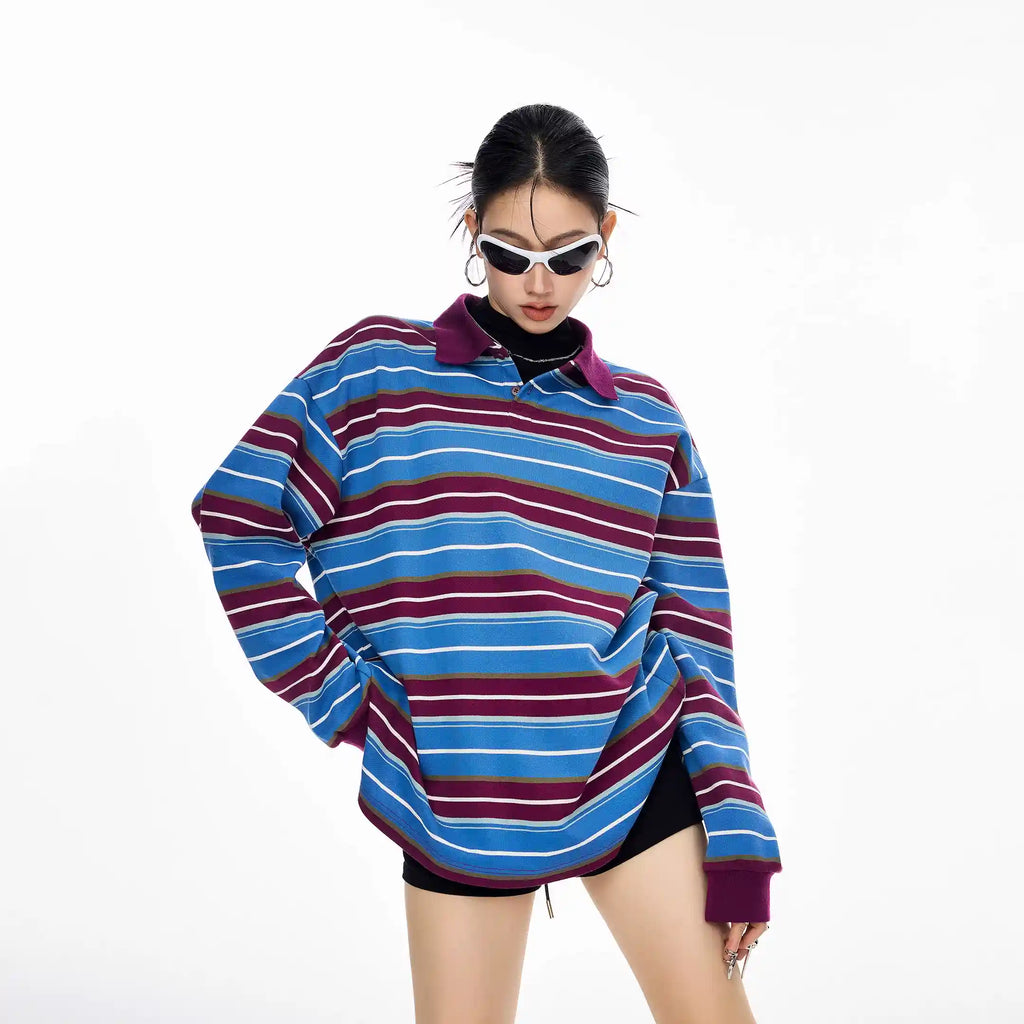 Striped Long Sleeve Polo Top with Contrast Panels   OL1993