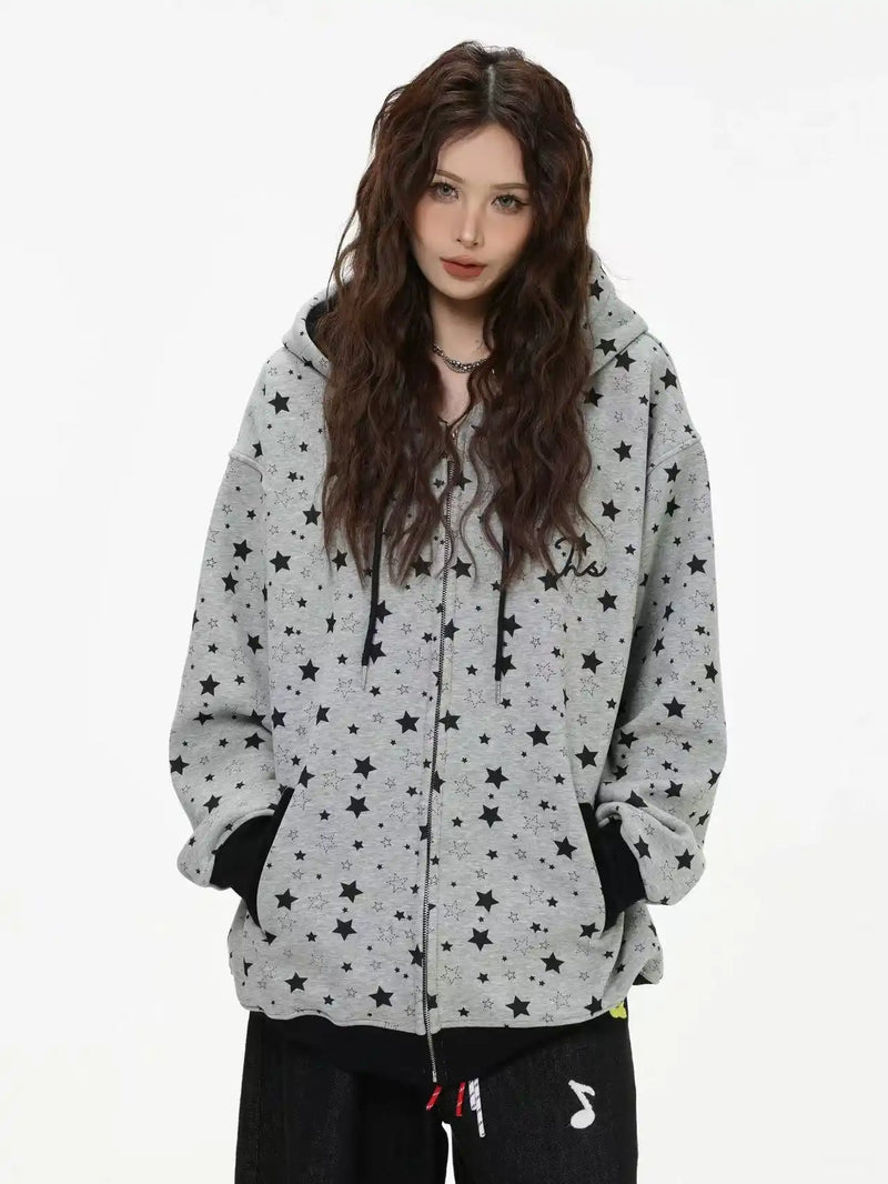 Vintage Star Print Fleece Zip Hoodie  OL2019