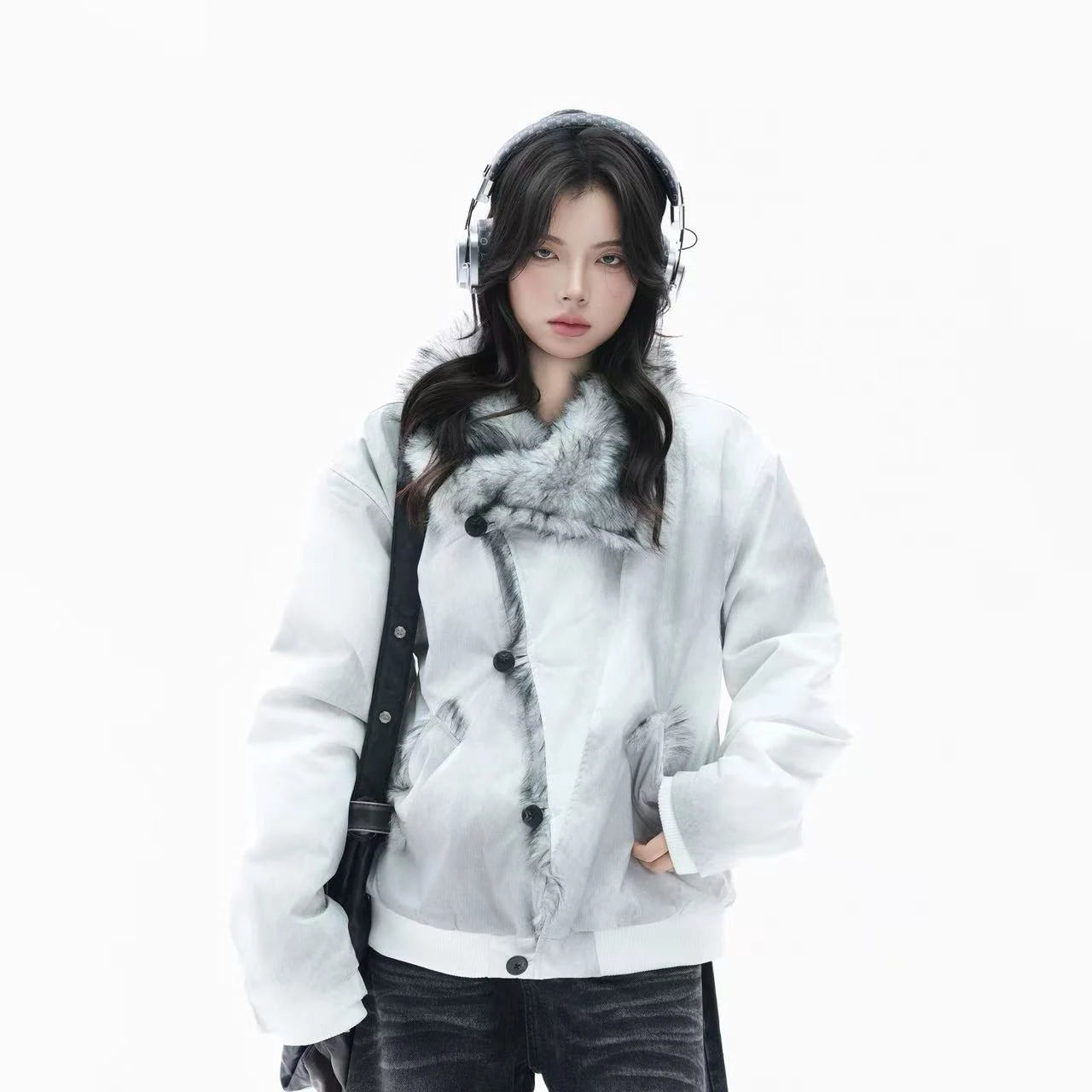 Asymmetric Button Dyed Puffer Jacket    OL1944