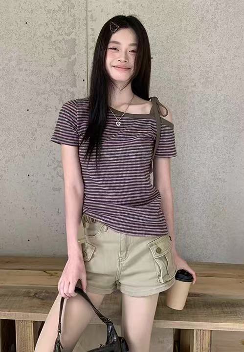 韓国風 オフショルダー タイトTシャツ 紫ボーダー  OL1820
