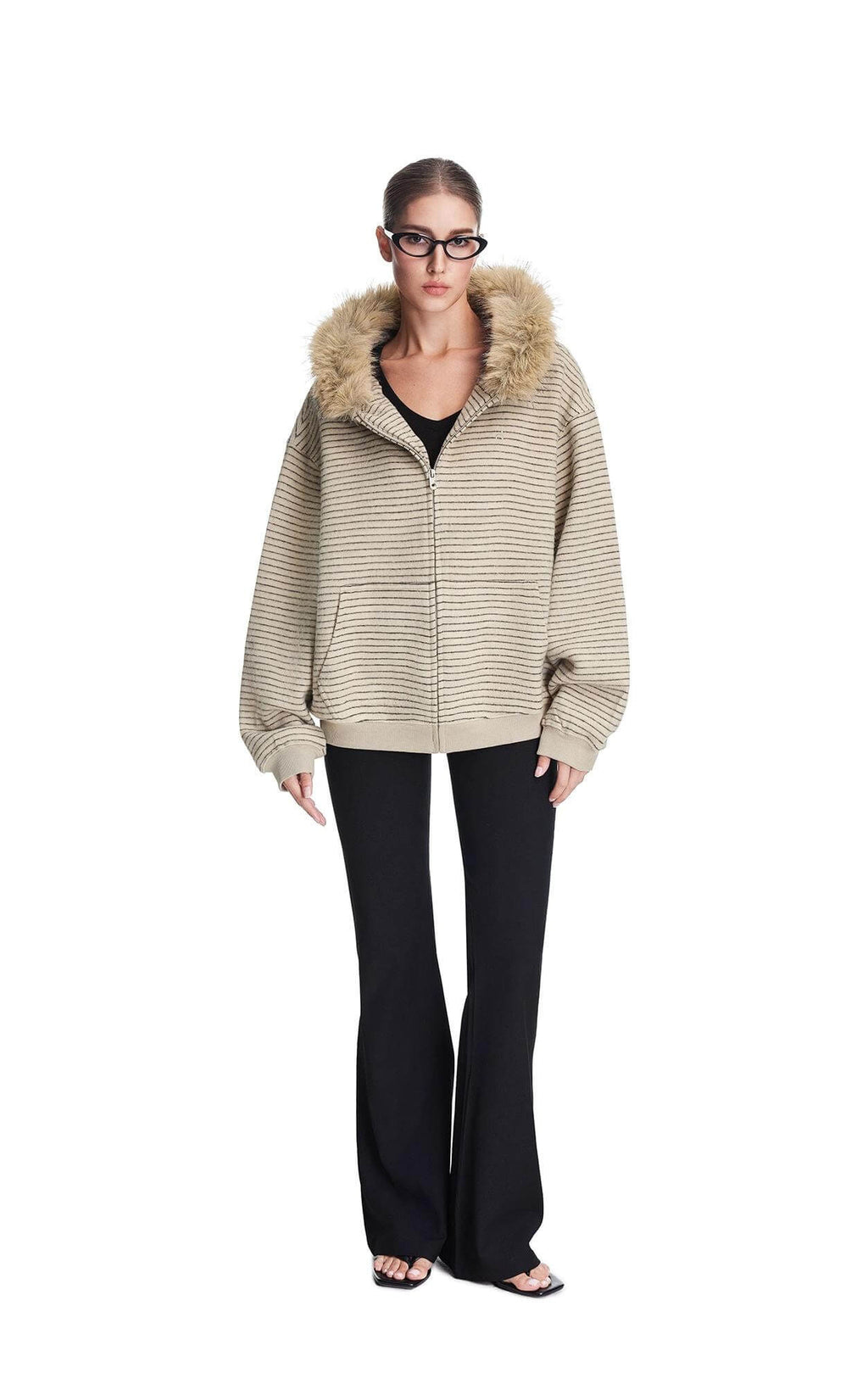 Beige boa hoodie with faux fur Oliviora