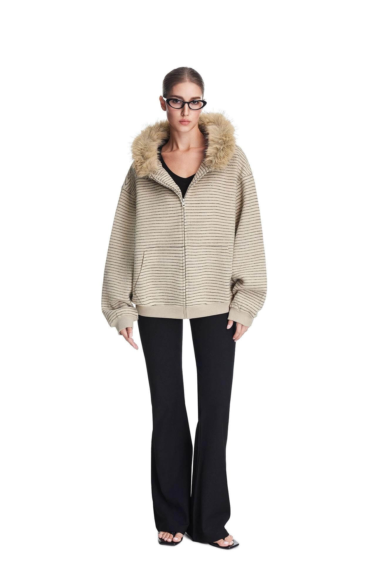 Beige boa hoodie with faux fur Oliviora