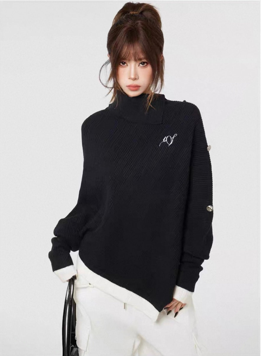 ブラック ハイネックニット 不規則ヘムライン