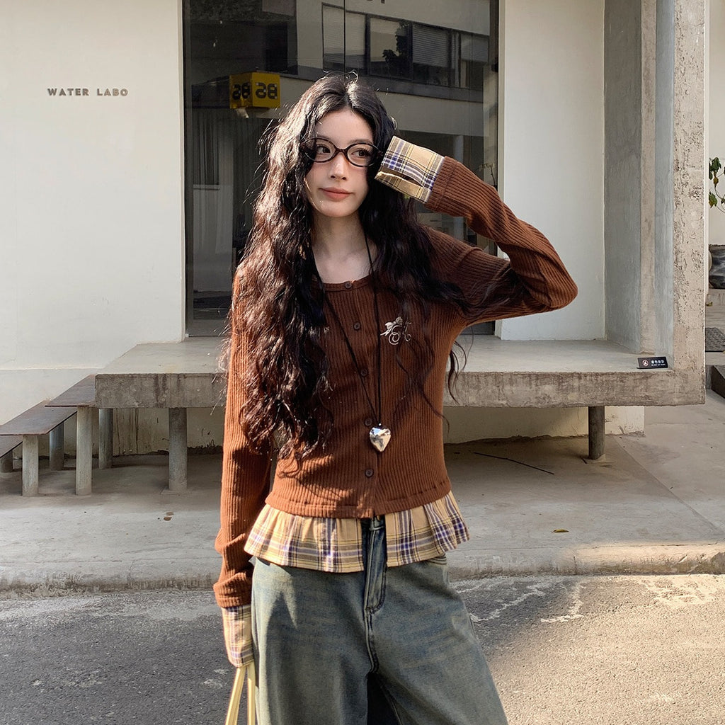 brown check layered cutsew