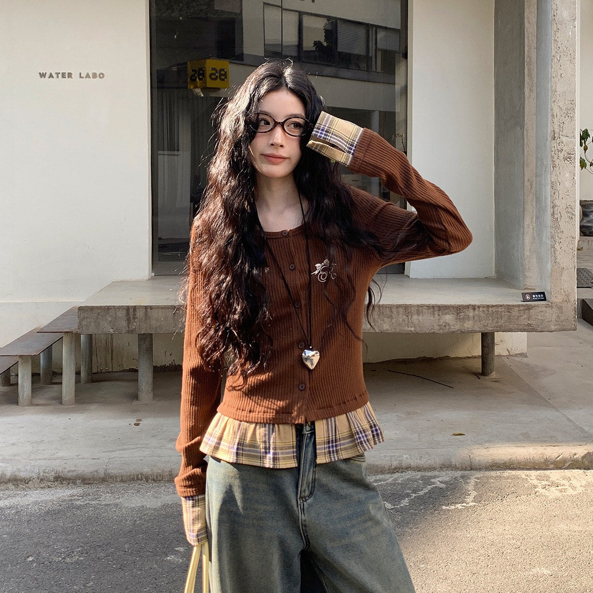 brown check layered cutsew