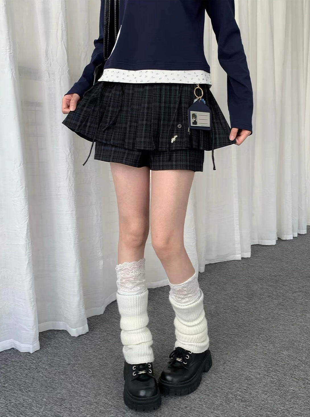 Plaid Skirt-Layered Shorts OL2277