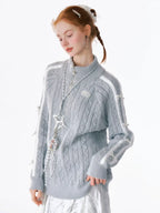 グレー ケーブルニット リボンデザイン セーター