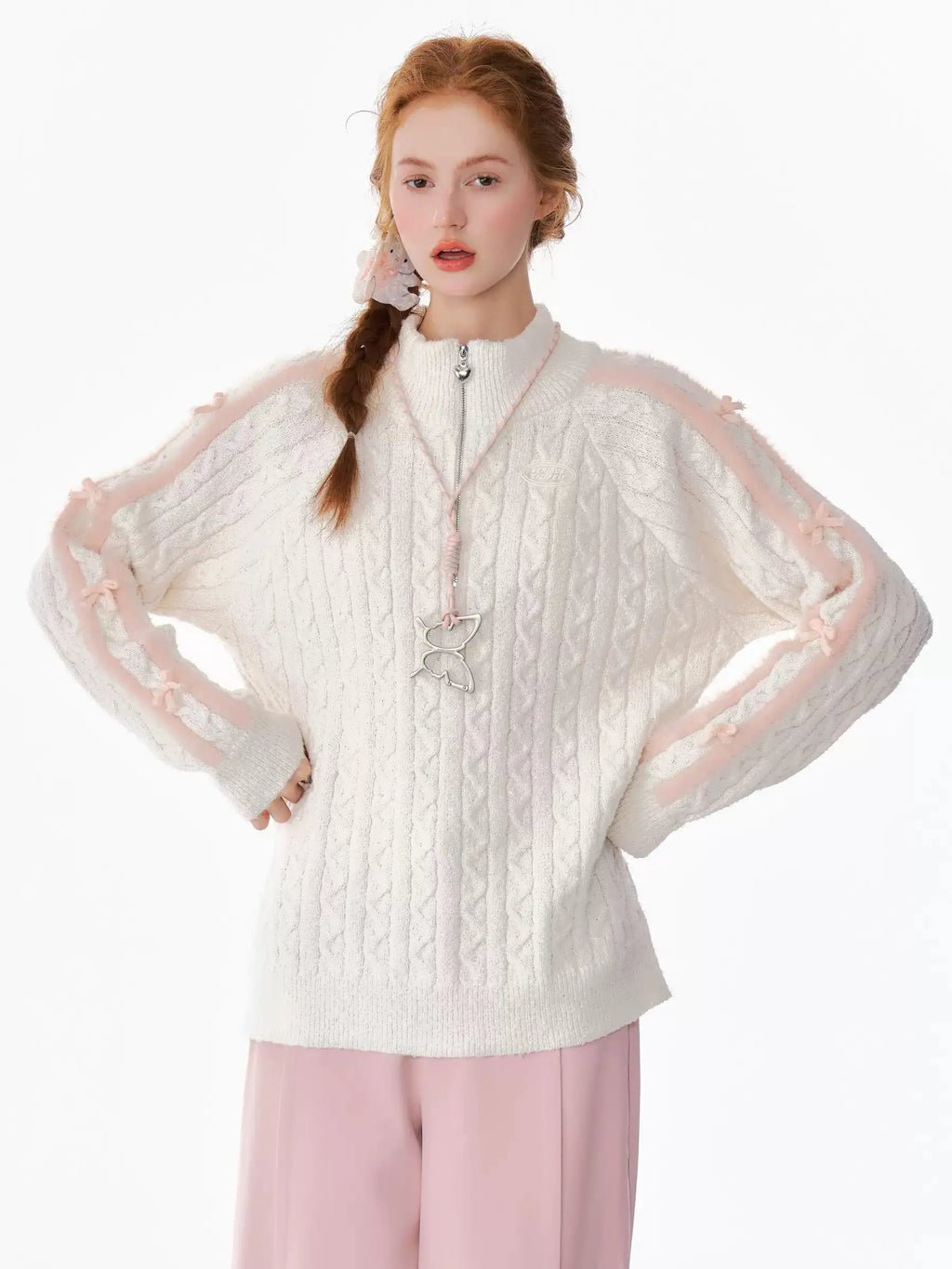 ホワイト ハーフジップニット oliviora