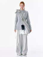 グレー リボン付き ケーブルニット レディース