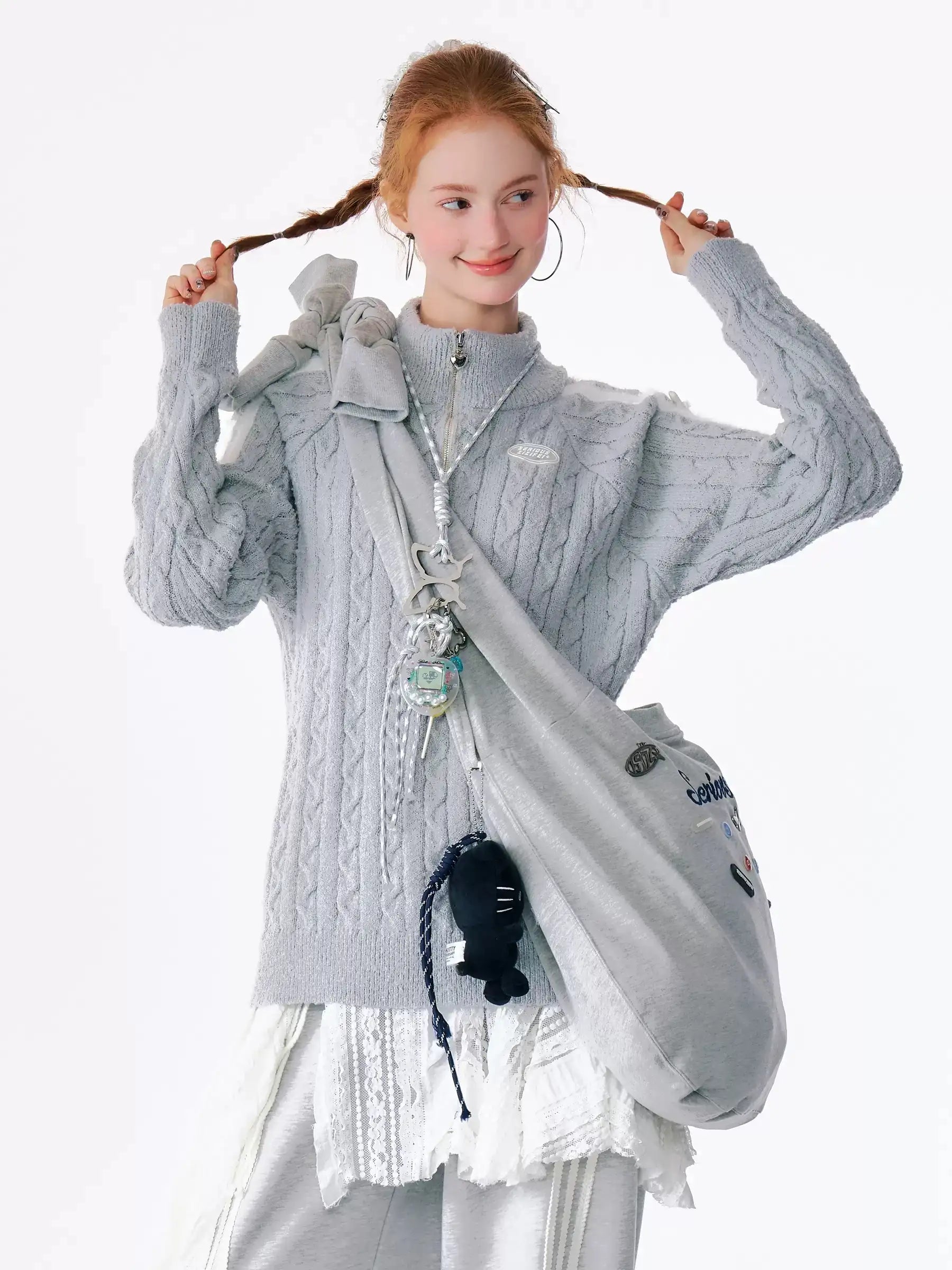 gray cable knit ribbon sweater