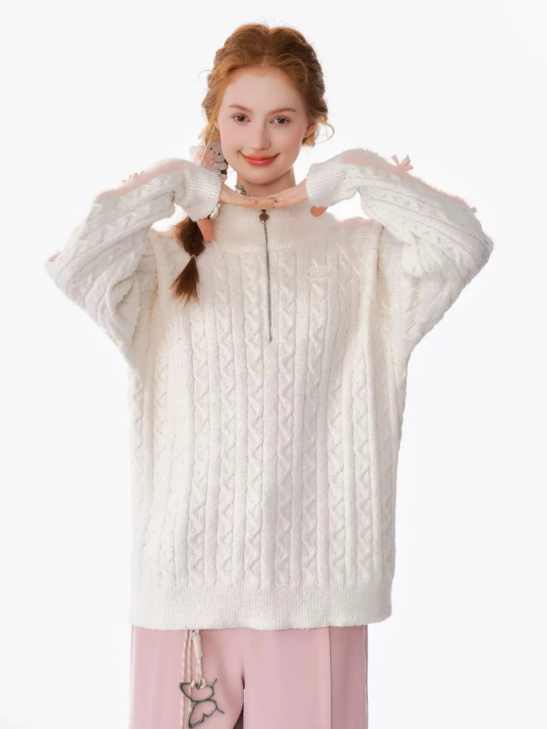 ホワイト ケーブル編み リボン袖 セーター