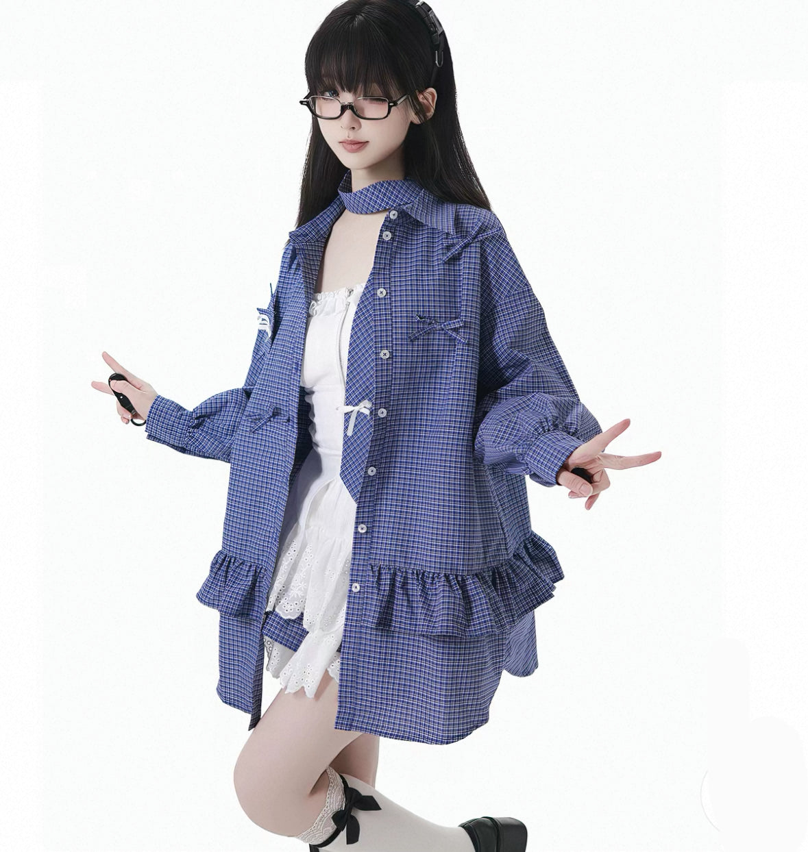 Plaid Shirt Lace Cami and Tiered Skirt Separates OL2477