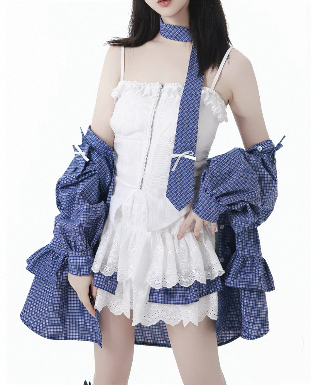 Plaid Shirt Lace Cami and Tiered Skirt Separates OL2477