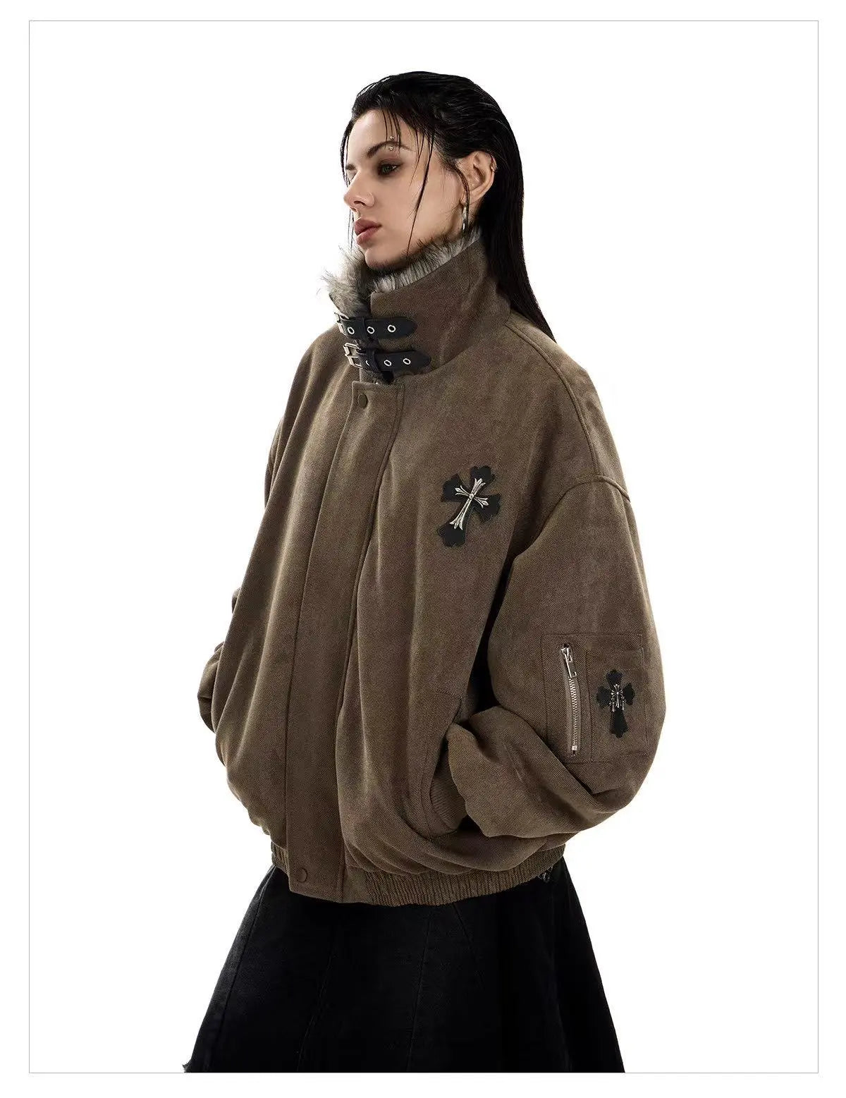 Vintage Cross Eagle Faux Suede Padded Jacket   oliviora