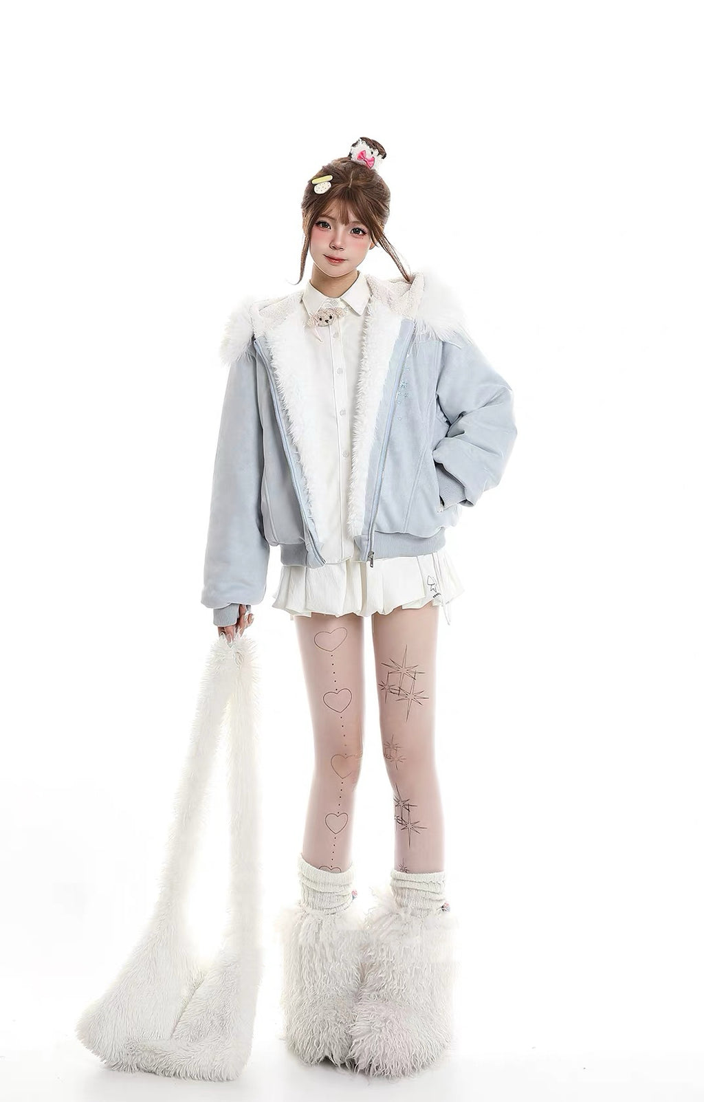 Star Patch Fur Collar Hooded Padded Jacket OL2475