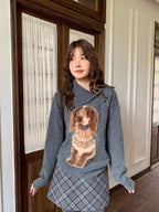 グレー 犬柄 ボタンネックセーター