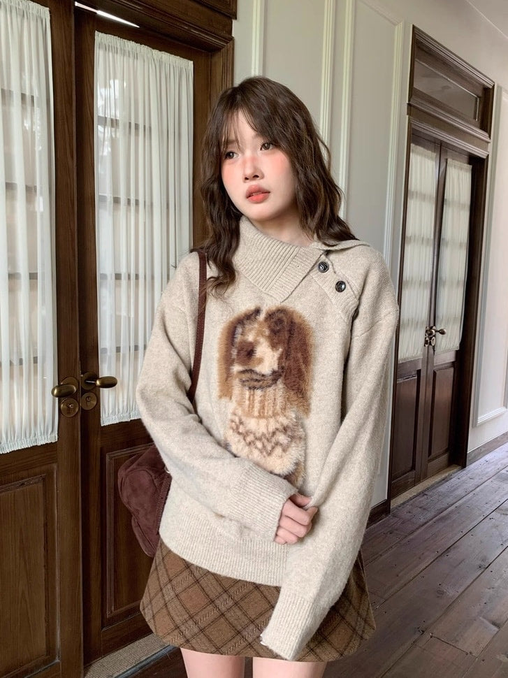 カーキ 犬柄 ボタンネックセーター