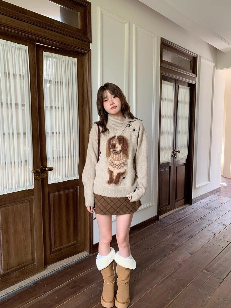 犬モチーフ ニット カーキ セーター