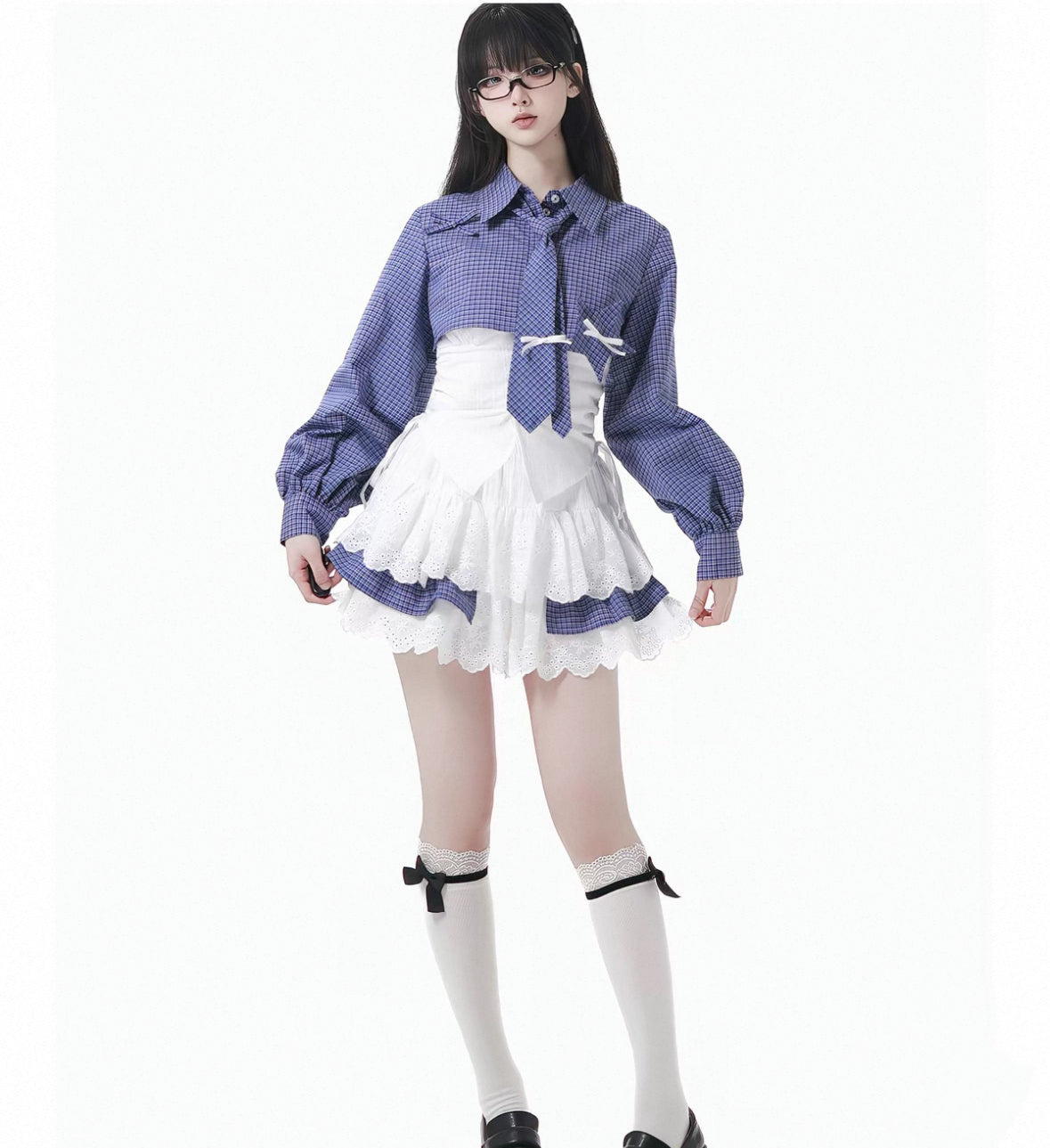 Plaid Shirt Lace Cami and Tiered Skirt Separates OL2477