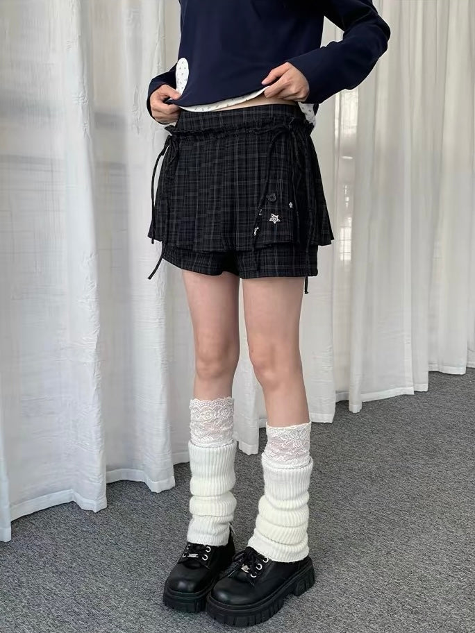 Plaid Skirt-Layered Shorts OL2277