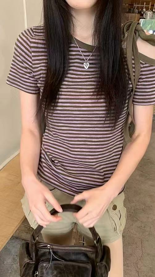 韓国風 オフショルダー タイトTシャツ 紫ボーダー  OL1820