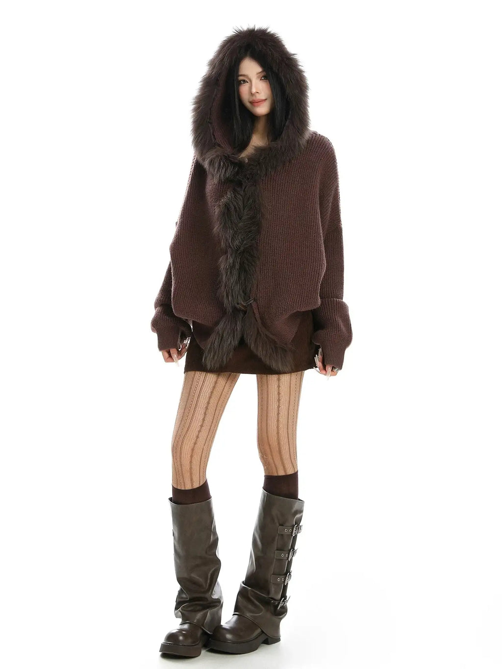 Oliviora ファー カーディガン 異素材デザイン