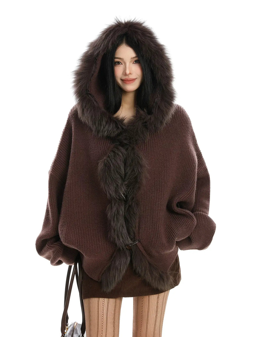 brown fur hoodie cardigan oliviora