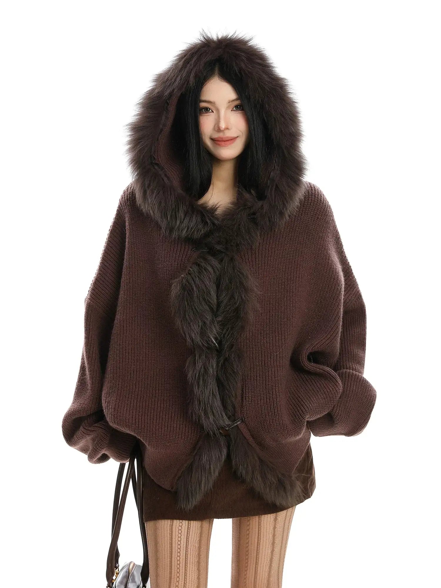 brown fur hoodie cardigan oliviora