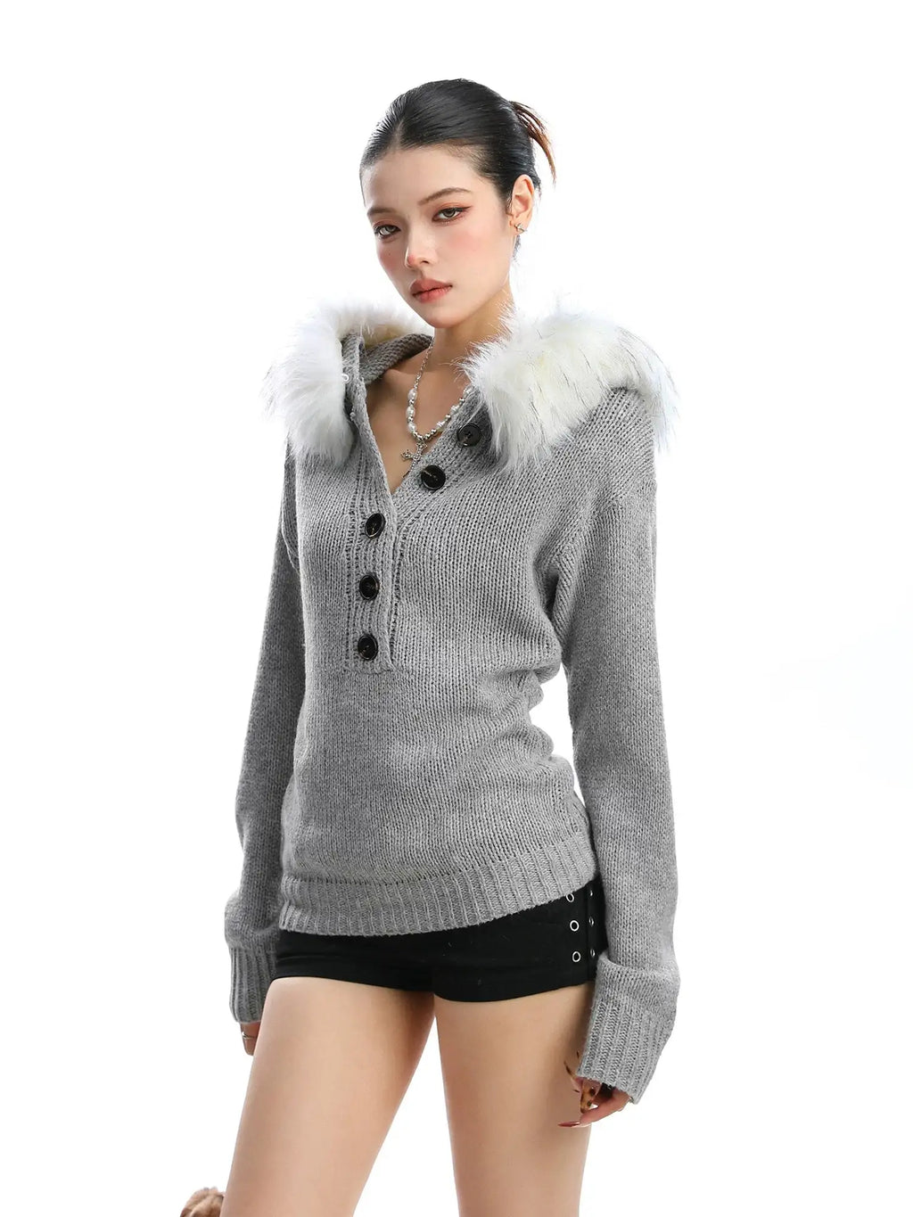 furry hood knit pullover Oliviora
