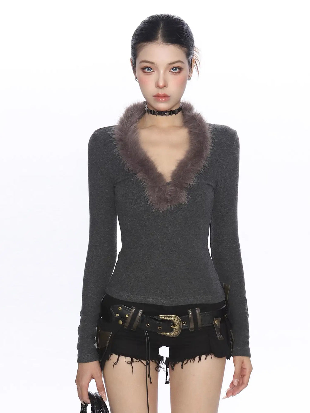 グレー フェザーニットVネックトップス y2kニット