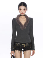 グレー フェザーニットVネックトップス y2kニット